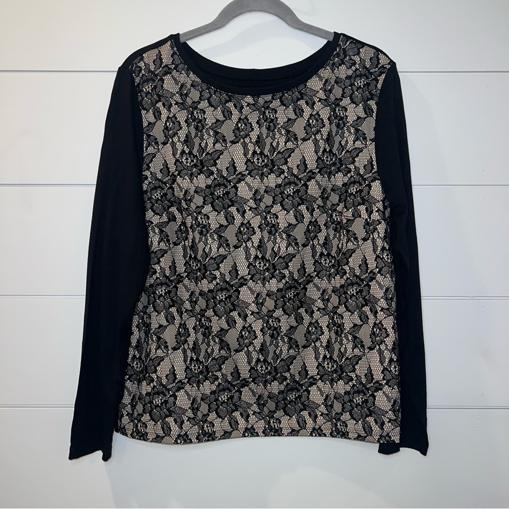 CHICO'S Casual Knit Top Long Sleeve Black Beige Lace Front Sz. 2  (L / 12) Chic